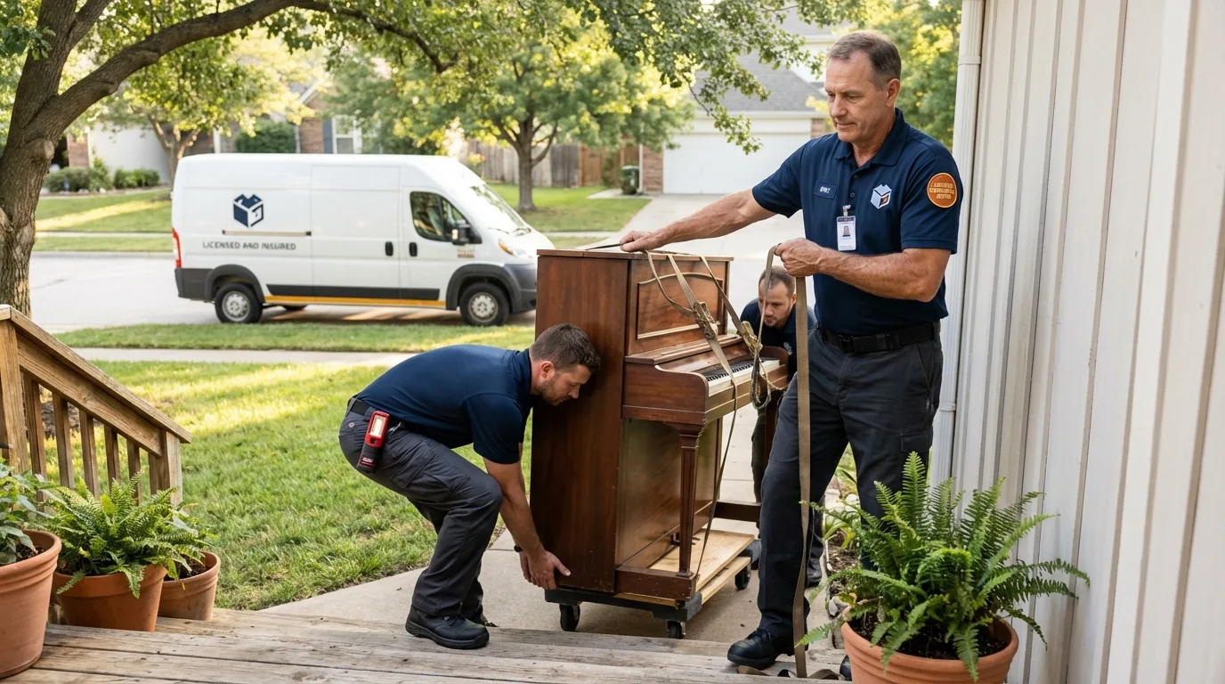 Licensed piano movers securing grand piano in Wichita Falls, TX