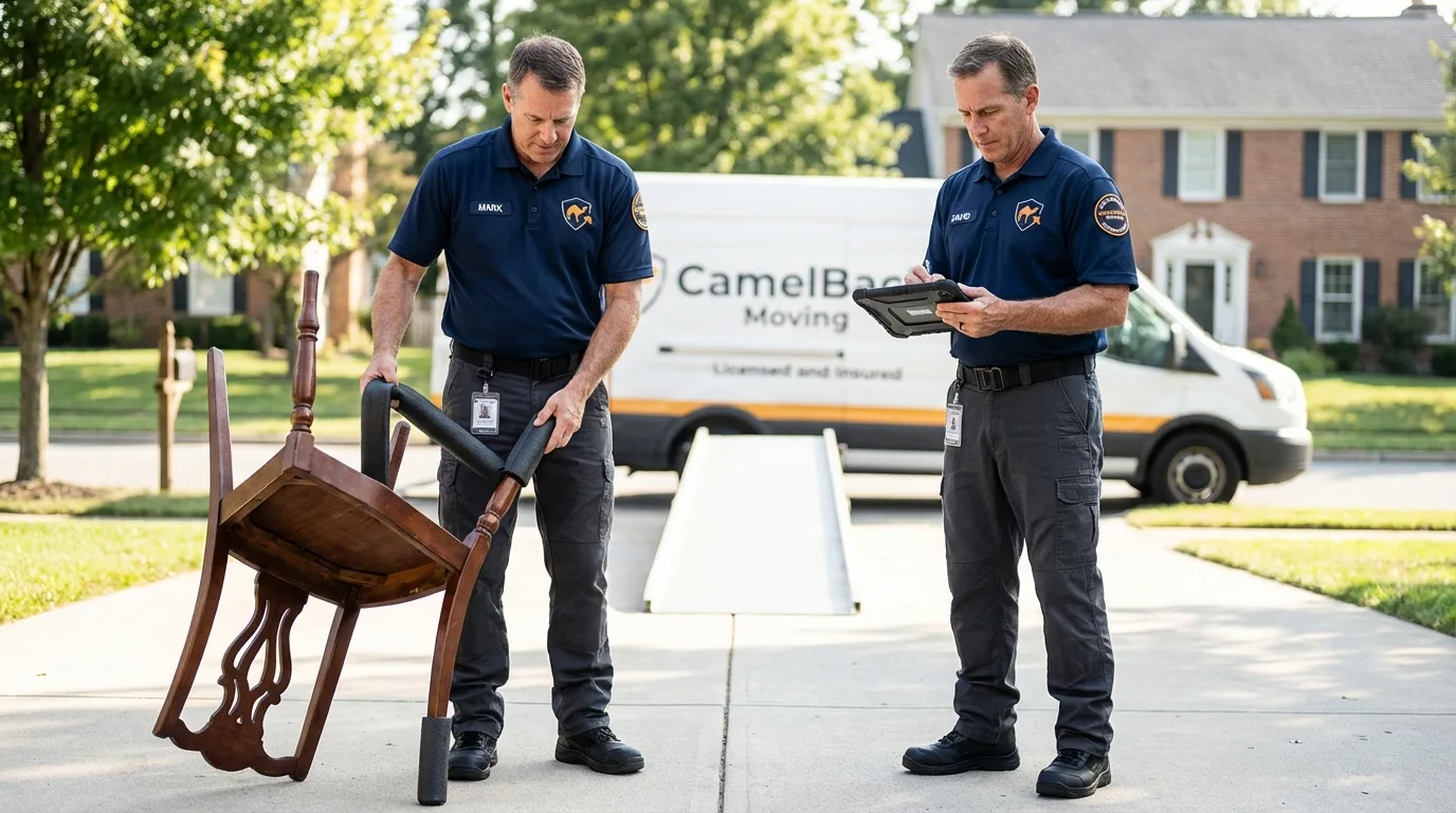Movers inspecting furniture for damage prevention before loading in Wichita Falls, TX