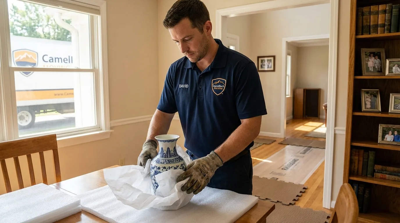 Professional crew carefully wrapping antique vase for senior downsizing move in Wichita Falls, TX